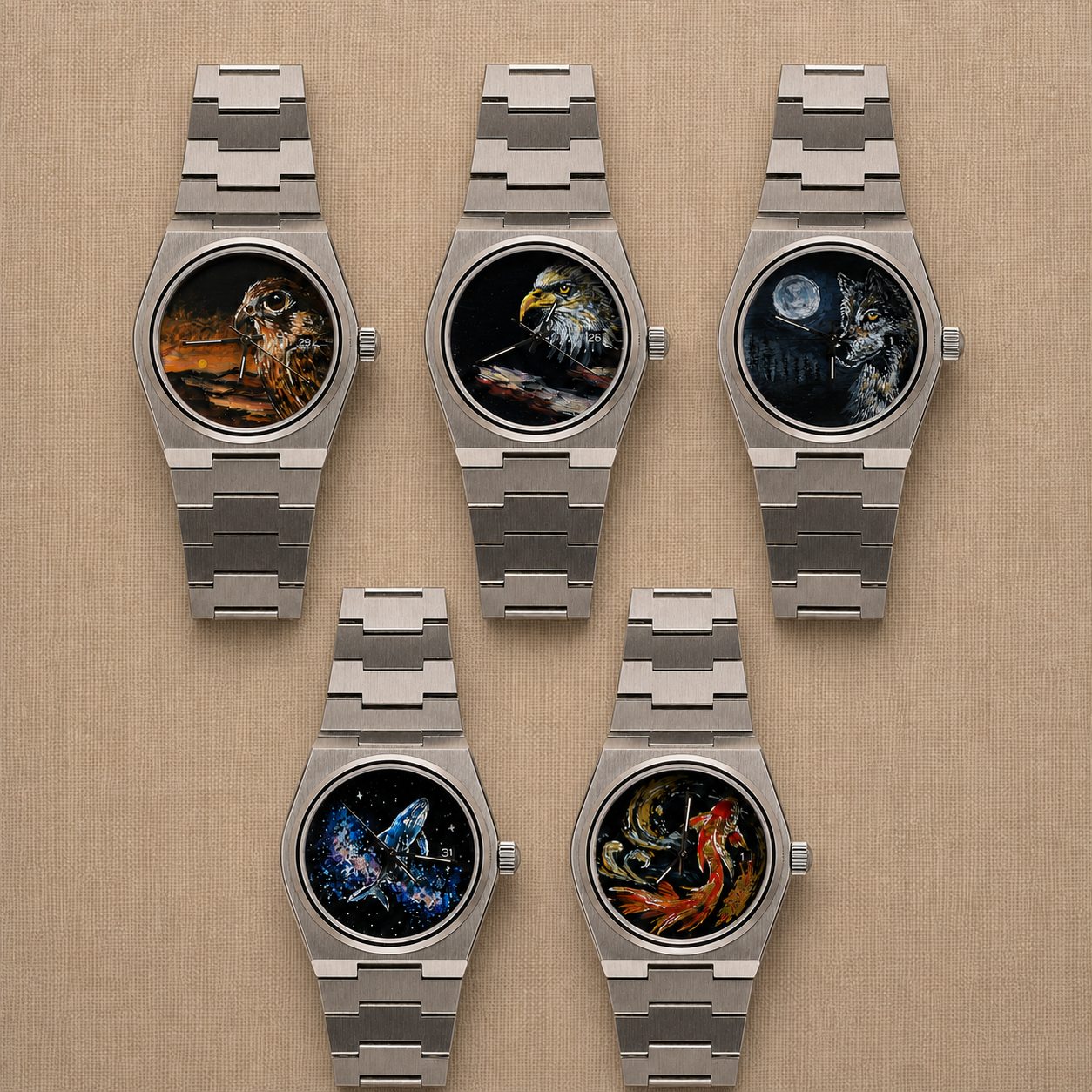 Five original hand-painted watch dials