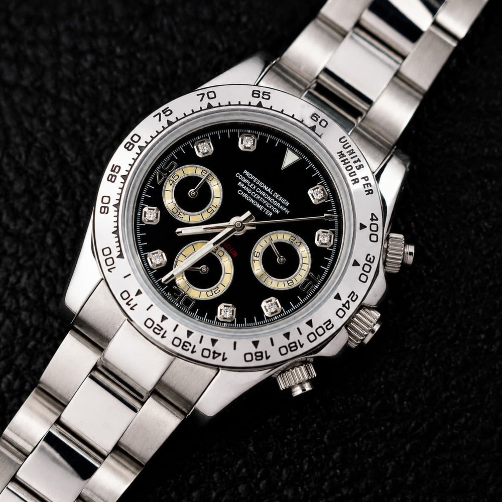 Black Dial Diamond Index Steel Bracelet Sport Chronograph Watch - Watch Mod Lab