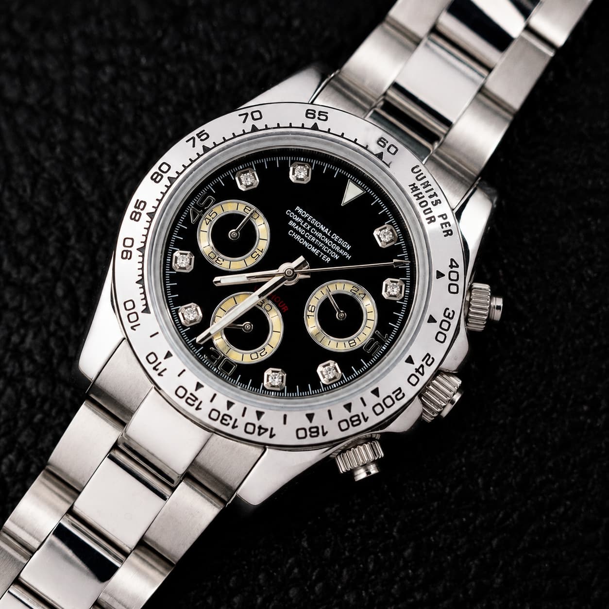 Black Dial Diamond Index Steel Bracelet Sport Chronograph Watch - Watch Mod Lab