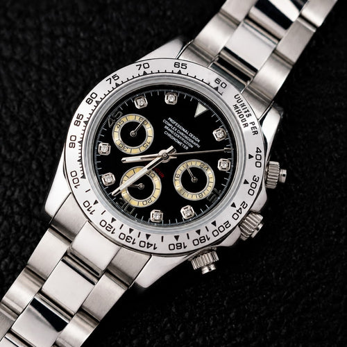 Black Dial Diamond Index Steel Bracelet Sport Chronograph Watch - Watch Mod Lab
