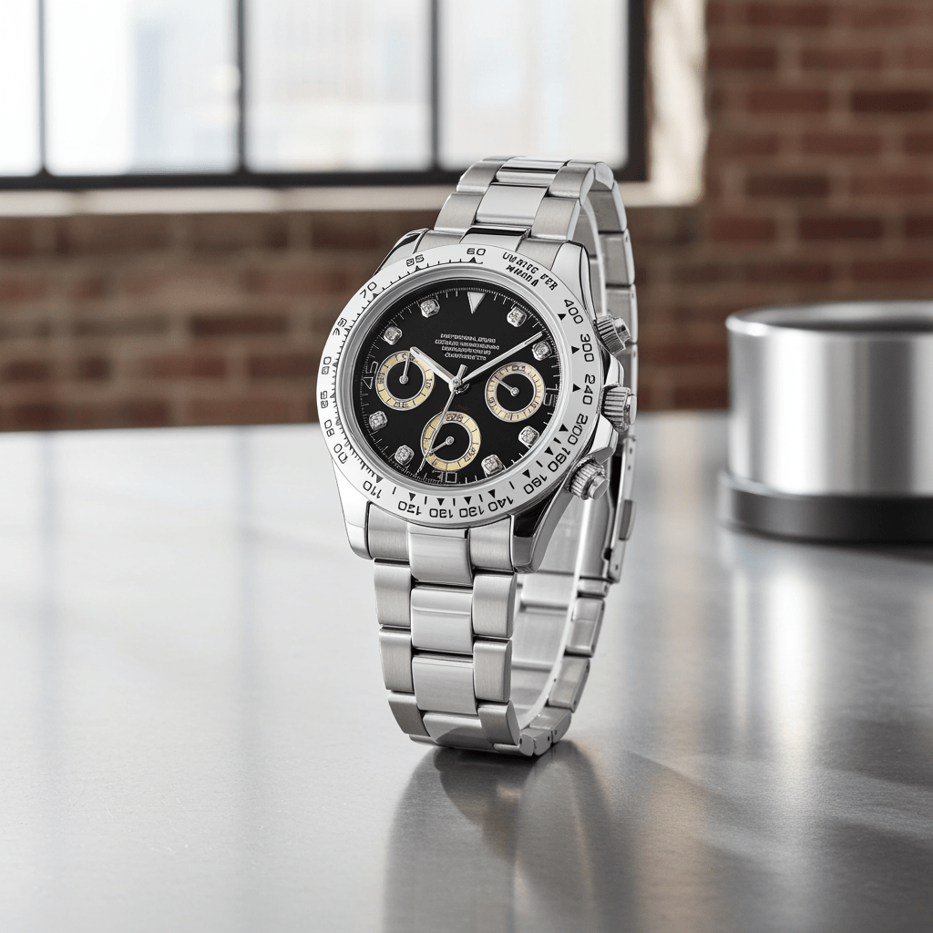 Black Dial Diamond Index Steel Bracelet Sport Chronograph Watch - Watch Mod Lab