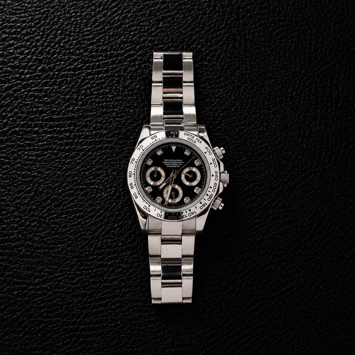 Black Dial Diamond Index Steel Bracelet Sport Chronograph Watch - Watch Mod Lab