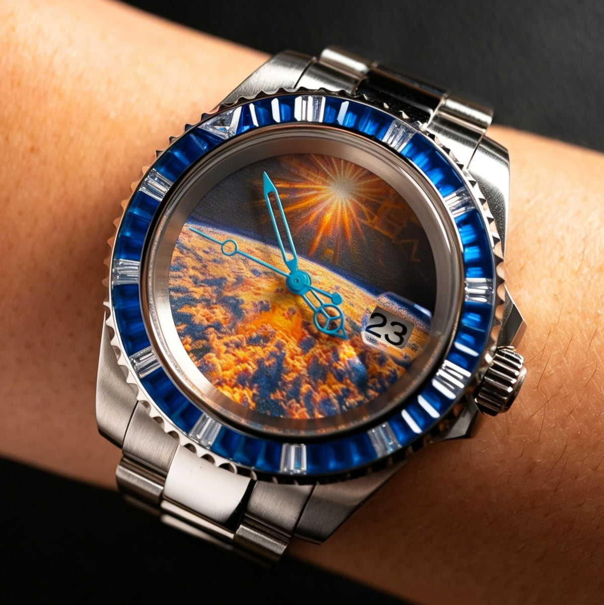 Blue Diamond Bezel Space Sunrise Art Dial Dive Automatic Watch - Watch Mod Lab