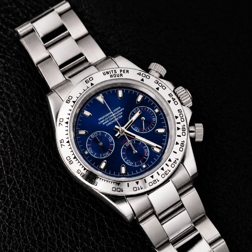 Blue Panda Dial Steel Bracelet Sport Chronograph Watch - Watch Mod Lab