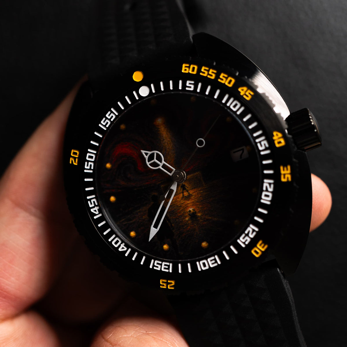 Dark Art Dial Black Yellow Bezel Vintage Dive Automatic Watch - Watch Mod Lab