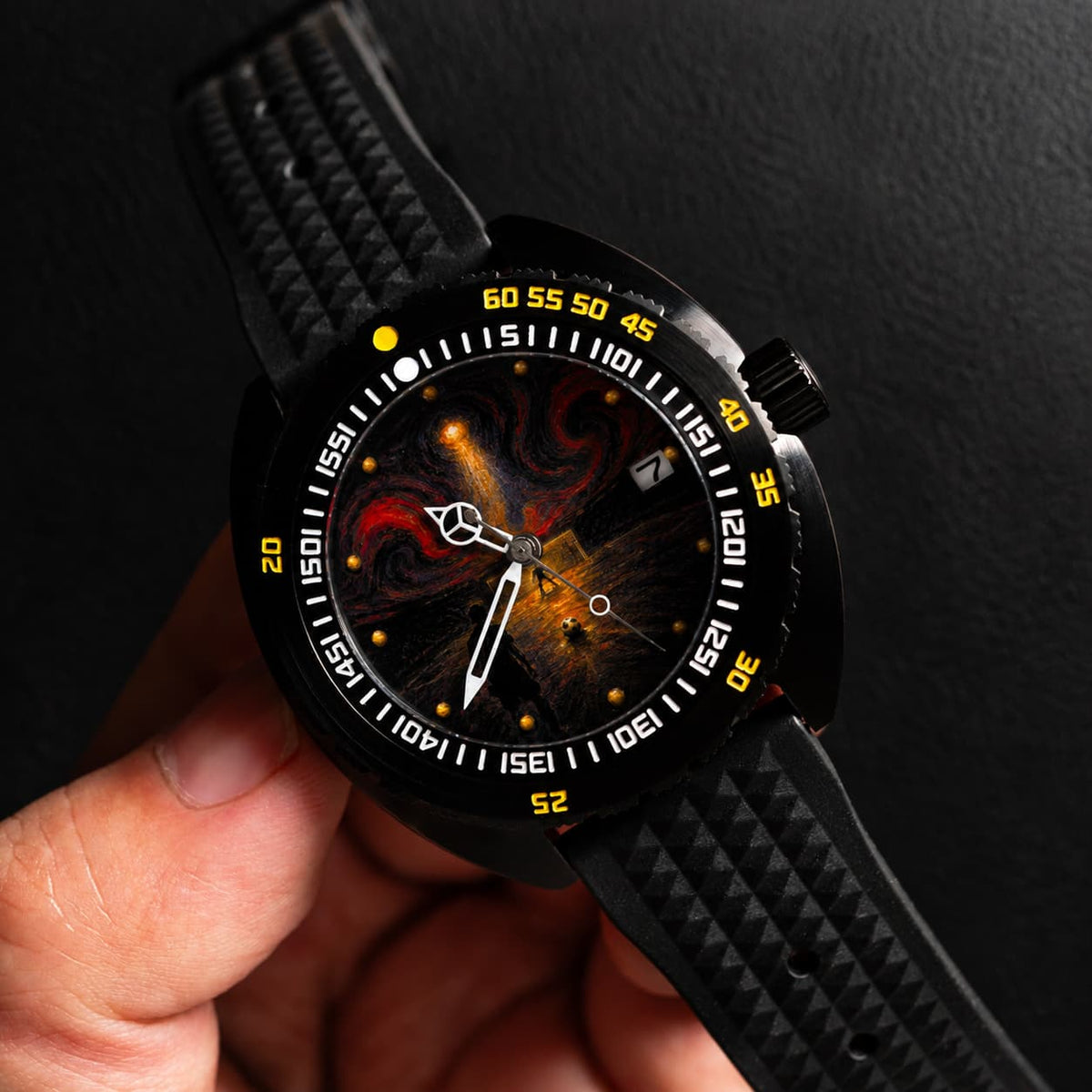 Dark Art Dial Black Yellow Bezel Vintage Dive Automatic Watch - Watch Mod Lab