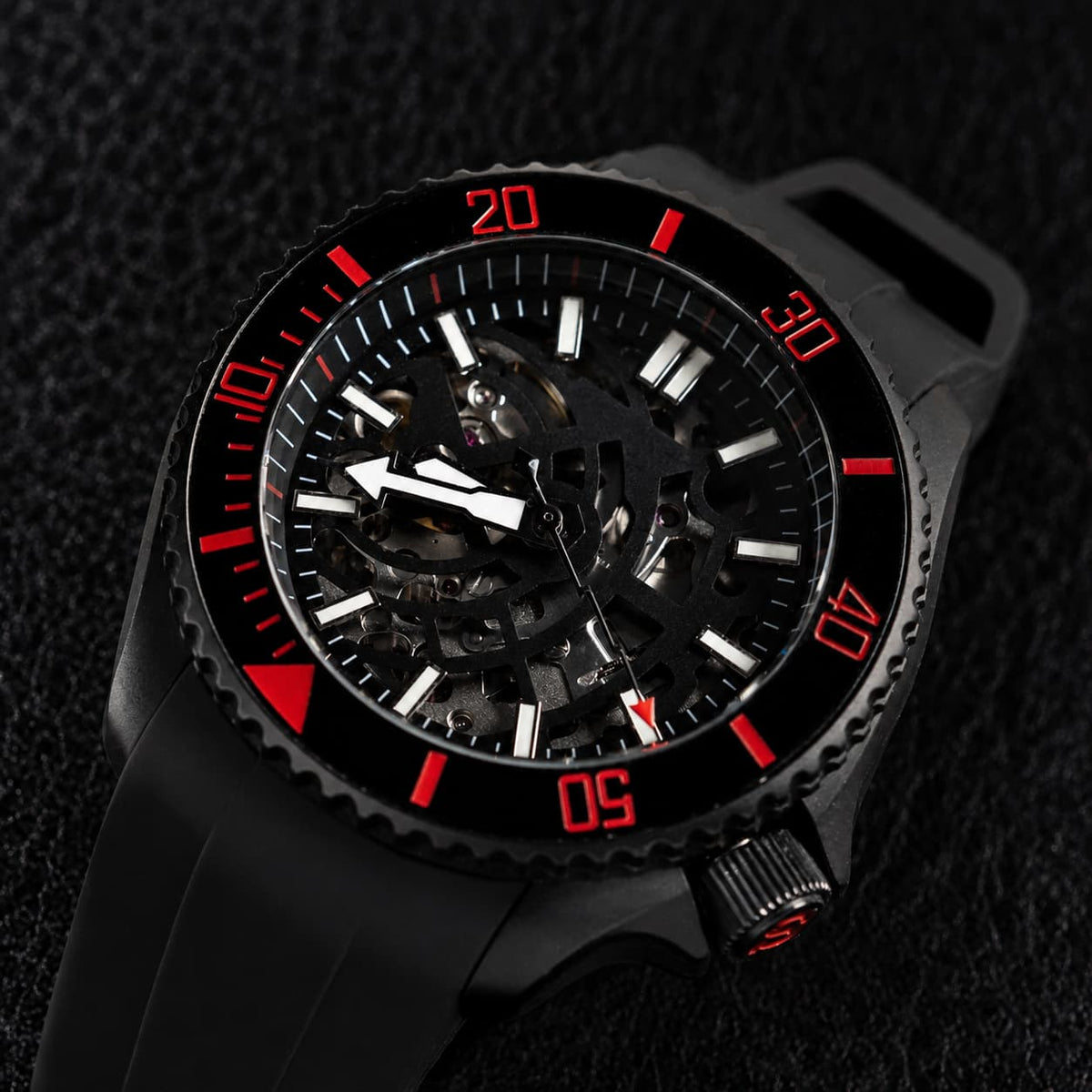 Dark Knight Skeleton Red Black Bezel Dive Automatic Watch - Watch Mod Lab