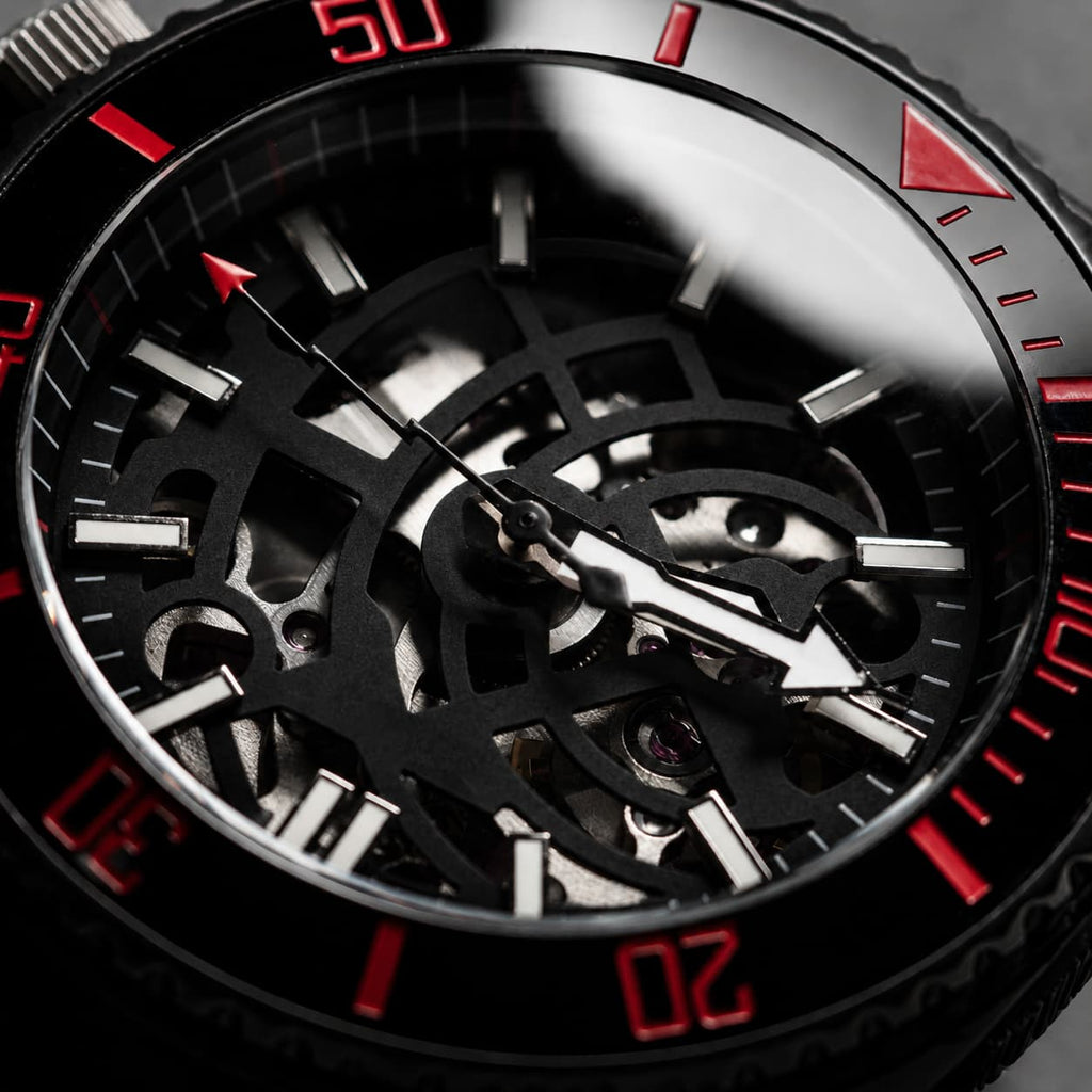 Dark Knight Skeleton Red Black Bezel Dive Automatic Watch - Watch Mod Lab