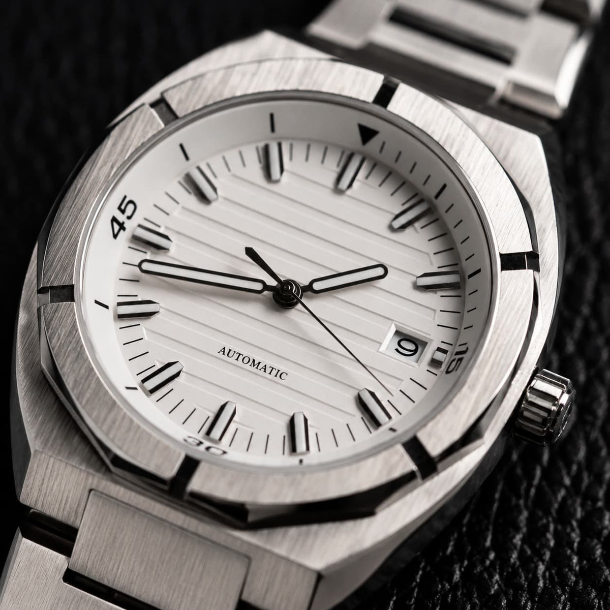 Octagonal Brushed Bezel Silver Dial Automatic Watch - Watch Mod Lab
