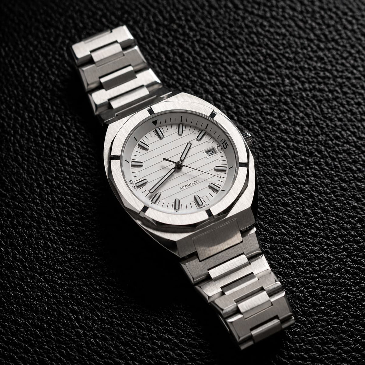 Octagonal Brushed Bezel Silver Dial Automatic Watch - Watch Mod Lab