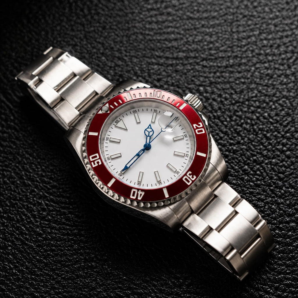 Red Bezel White Dial Unidirectional Dive Automatic Watch - Watch Mod Lab