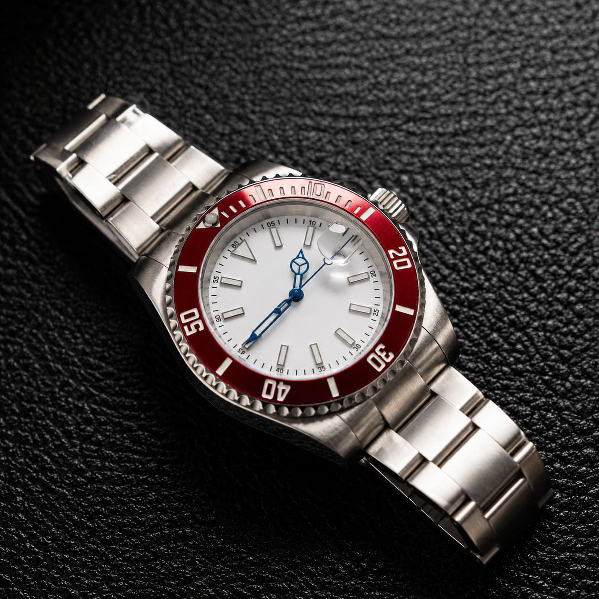 Red Bezel White Dial Unidirectional Dive Automatic Watch - Watch Mod Lab