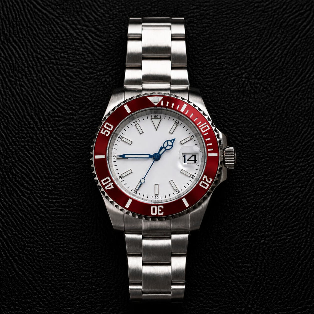 Red Bezel White Dial Unidirectional Dive Automatic Watch - Watch Mod Lab