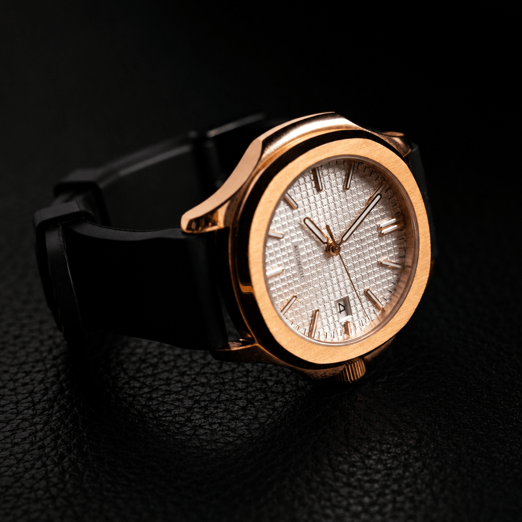 Rose Gold Octagonal Case Tapestry Dial Leather Strap Automatic Watch - Watch Mod Lab