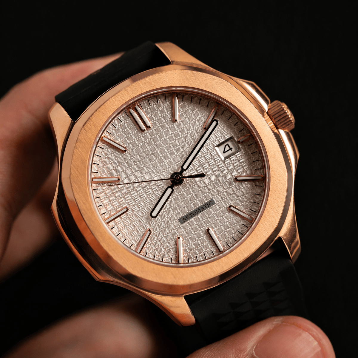 Rose Gold Octagonal Case Tapestry Dial Leather Strap Automatic Watch - Watch Mod Lab