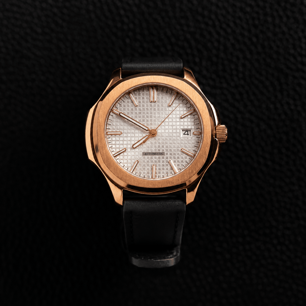 Rose Gold Octagonal Case Tapestry Dial Leather Strap Automatic Watch - Watch Mod Lab