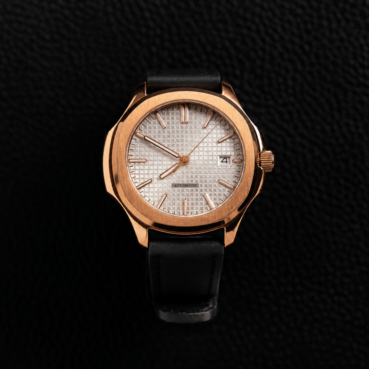 Rose Gold Octagonal Case Tapestry Dial Leather Strap Automatic Watch - Watch Mod Lab
