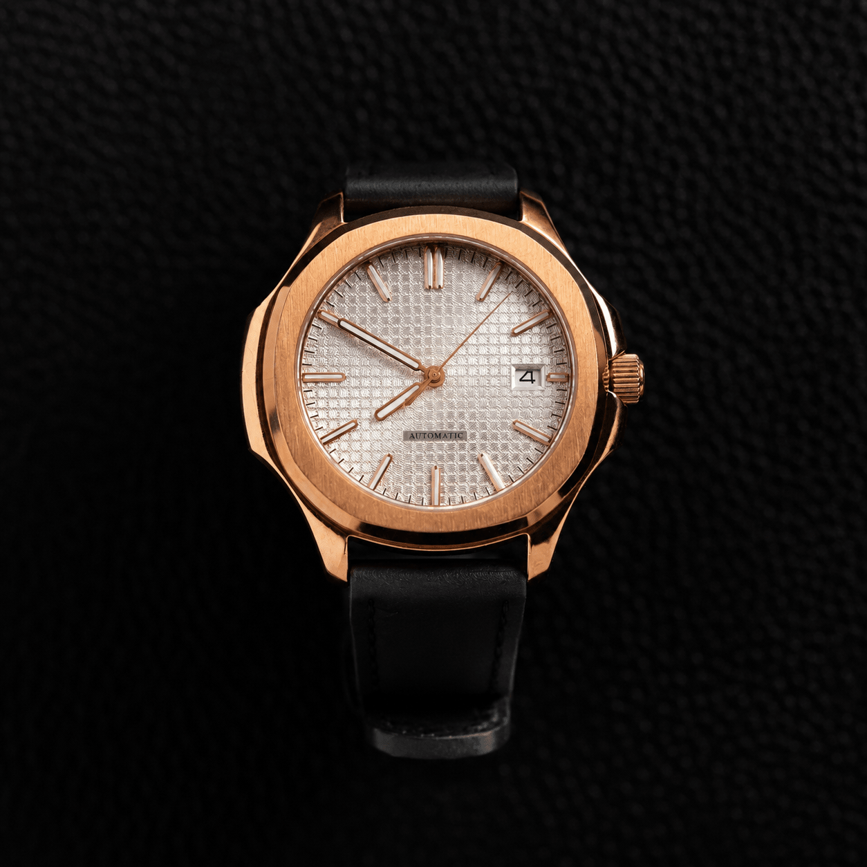 Rose Gold Octagonal Case Tapestry Dial Leather Strap Automatic Watch - Watch Mod Lab
