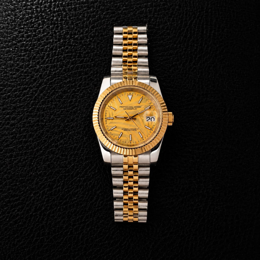 Two - Tone Five - Link Gold Palm Dial Hammered Bezel Date Automatic Watch - Watch Mod Lab