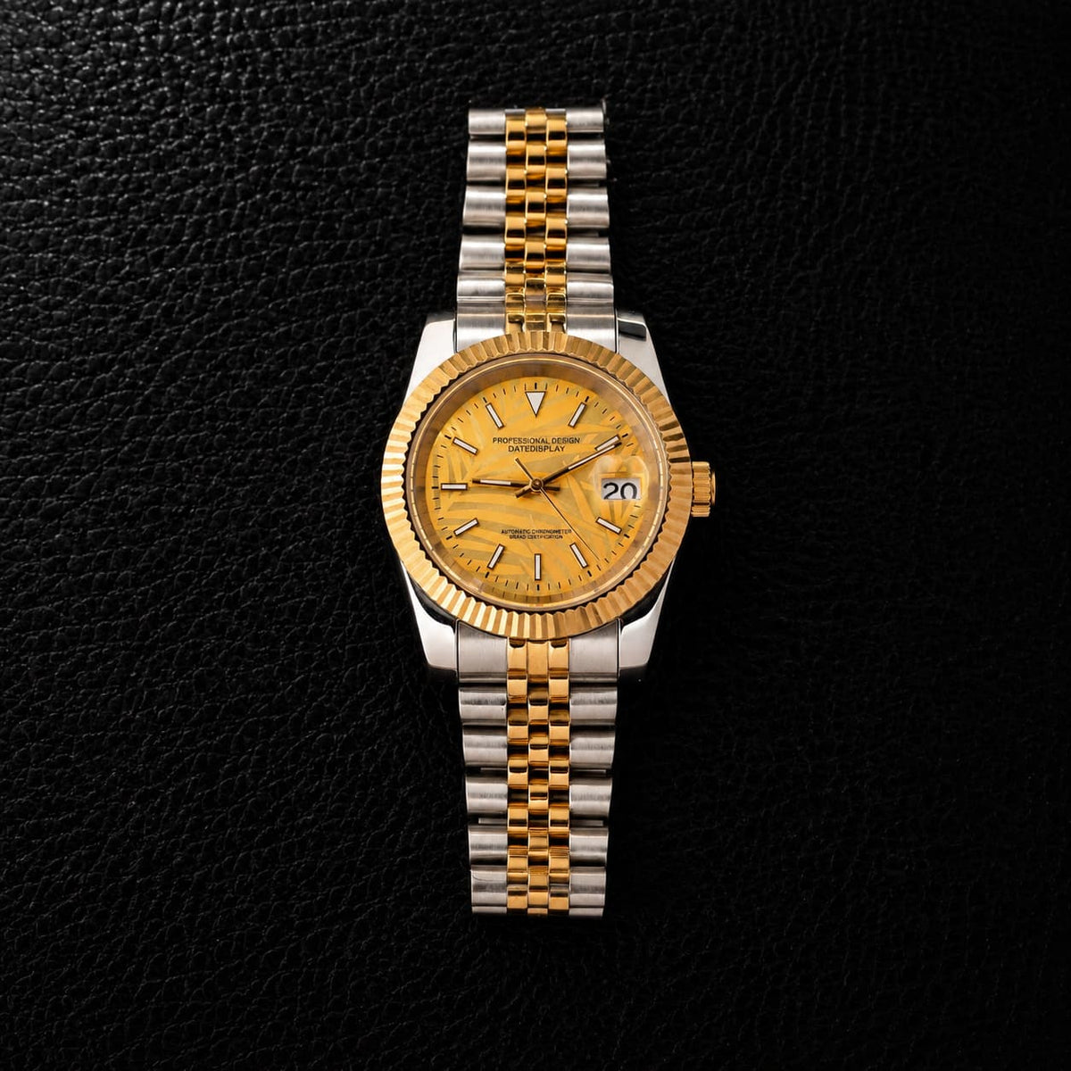 Two - Tone Five - Link Gold Palm Dial Hammered Bezel Date Automatic Watch - Watch Mod Lab