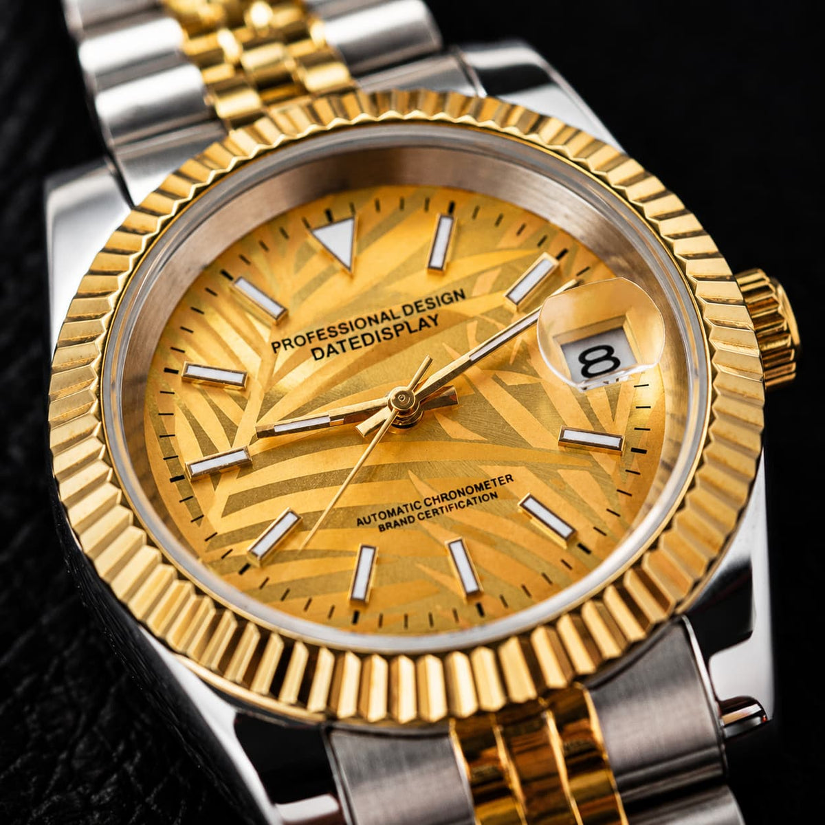 Two - Tone Five - Link Gold Palm Dial Hammered Bezel Date Automatic Watch - Watch Mod Lab