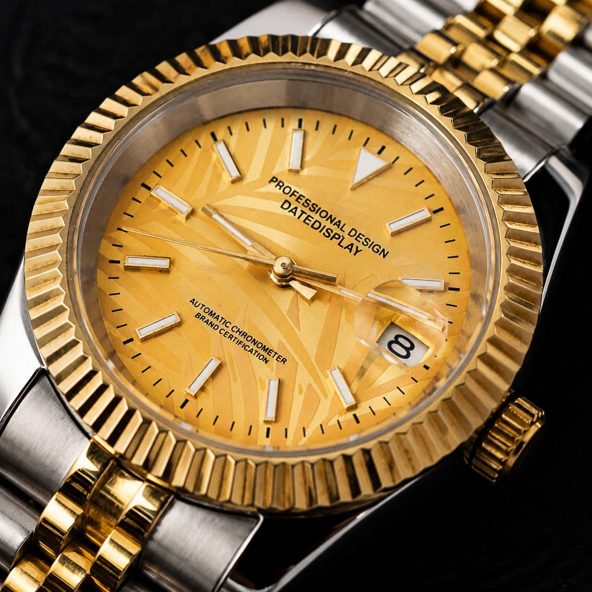 Two - Tone Five - Link Gold Palm Dial Hammered Bezel Date Automatic Watch - Watch Mod Lab