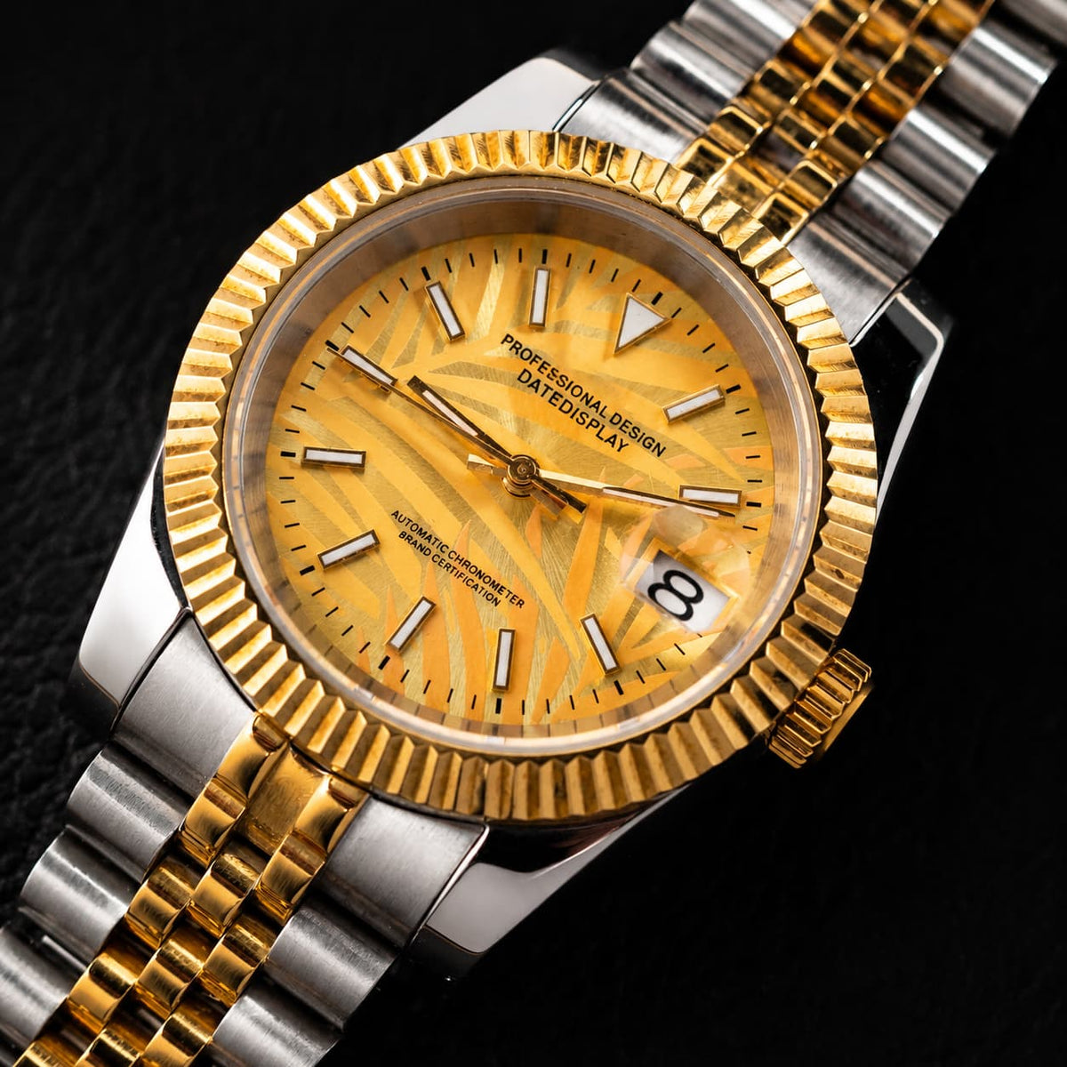 Two - Tone Five - Link Gold Palm Dial Hammered Bezel Date Automatic Watch - Watch Mod Lab