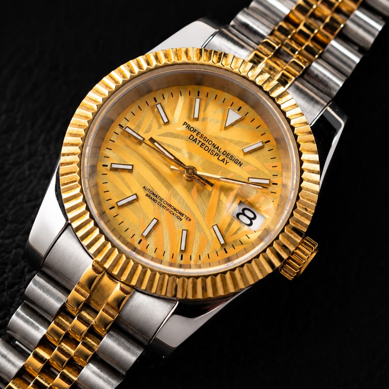 Two - Tone Five - Link Gold Palm Dial Hammered Bezel Date Automatic Watch - Watch Mod Lab